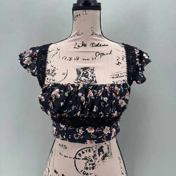 Free People Tops - Free People Bijou Black Floral Smocked Crop Top Dainty Lace Size 2 Romantic NWT